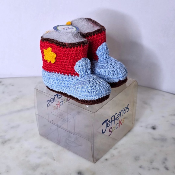 Jefferies Socks Newborn Crochet Cowboy Western Booties Shoes Red Blue Fringe - Picture 1 of 8